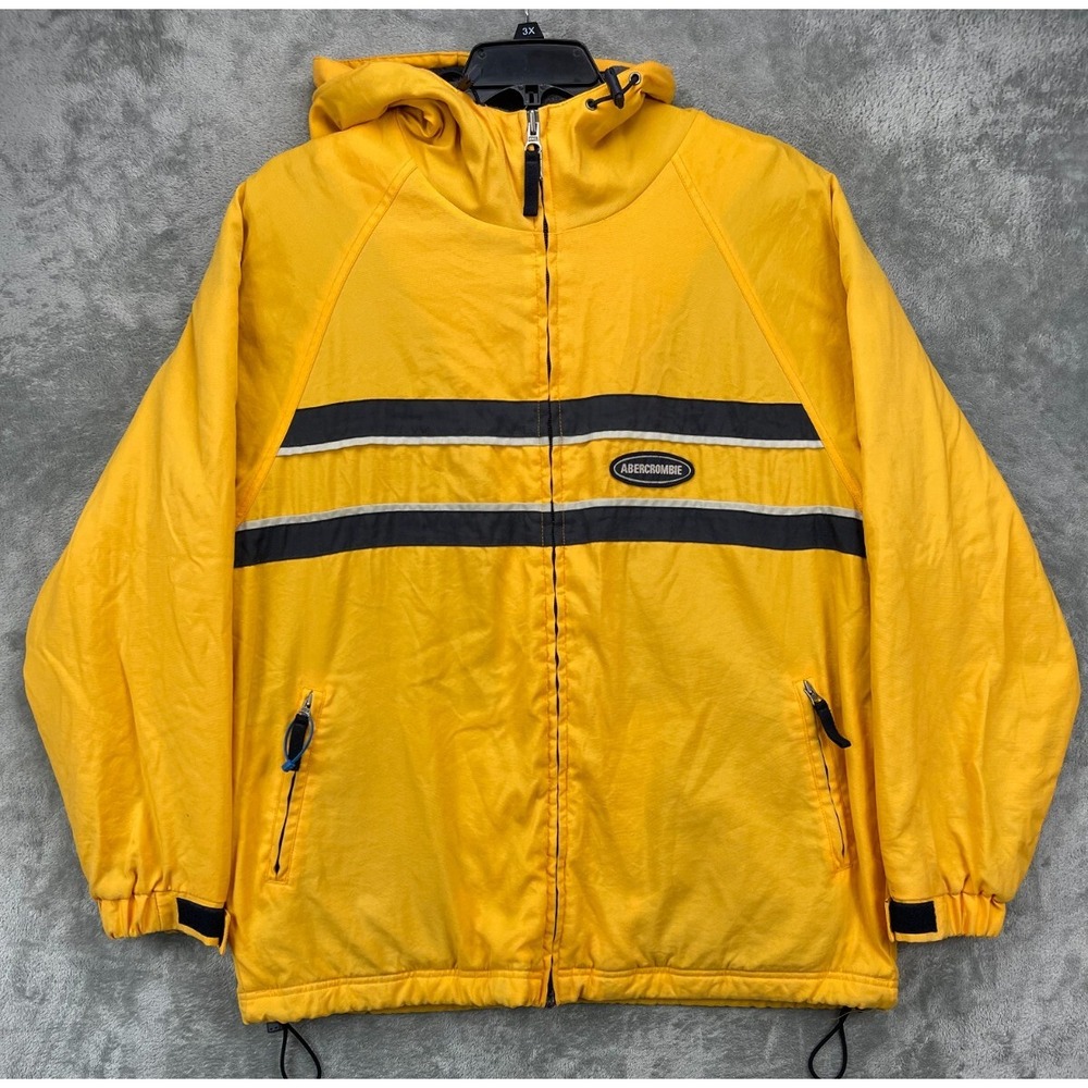 VTG Abercrombie Mens Performance Hooded Jacket Sz M Yellow Fleece Lined Full Zip